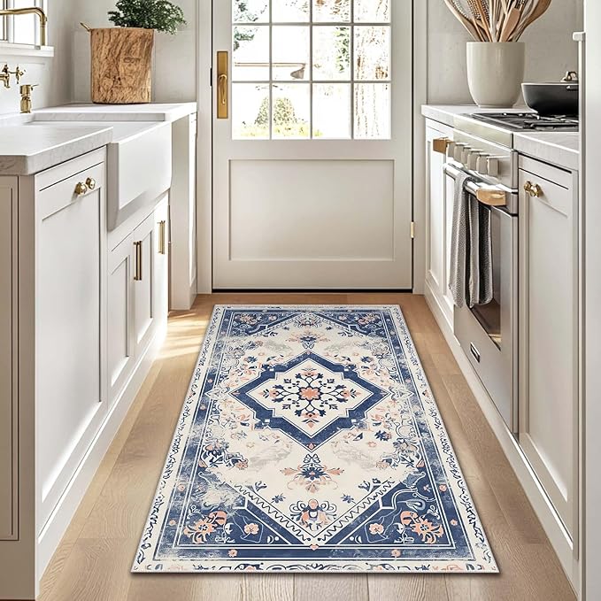 3x5 Entryway Rug Vintage Oriental Navy Blue Boho Beige Small Area Rug Bedroom Bedside Thin Carpet Bathroom Non Slip Indoor Entrance Low Pile Door Mat Kitchen Stain Resistant Washable Machine