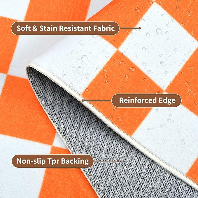 Terrug Orange and White Small Checkered Rug for Bedroom, 2x3 Soft Washable Rug with Non Slip Backing, Low Pile Throw Carpet for Entryway Hallway Kitchen Laundry Room