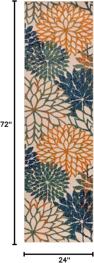 Nourison Aloha Indoor/Outdoor Blue Green 2' x 6' Area Rug, Easy Cleaning, Non Shedding, Bed Room, Living Room, Dining Room, Backyard, Deck, Patio (2x6)