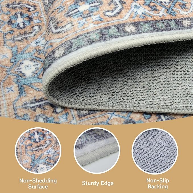 Washable Area Rugs, 3x5 Soft Non-Slip Soft Bedroom Living Room Accent Throw Boho Vintage Entry Floor Carpet for Dining Room Bathroom Entryway (Blue & Brown)