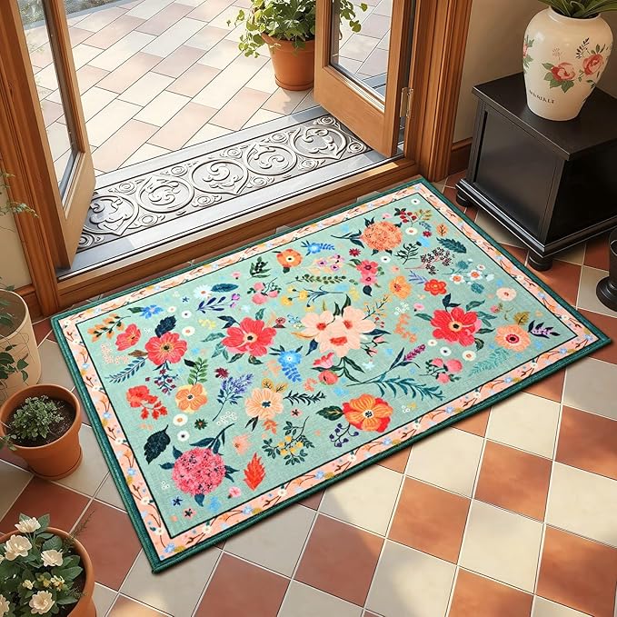 2x3 Small Floral Rug for Entryway, Flowers Printed Washable Rugs with Non Slip Backing for Girls Bedroom Kitchen, Cute Throw Carpet Front Door Entry Decor, Light Green
