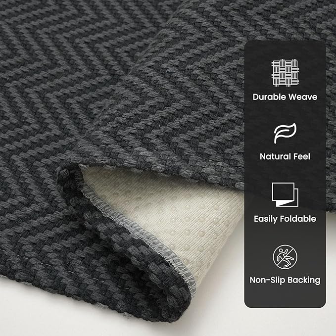 2x5 Ft Runner Rug Washable Runners for Hallways Kitchen Runner Rug with Rubber Backing Cotton Entryway Runner Indoor, Woven Floor Carpet for Hall Kitchen Bedroom, Black/Grey