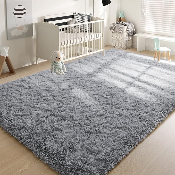 YJ.GWL Area Rugs for Living Room Bedroom, 6x9 Machine Washable Large Grey Carpet, Soft Fluffy Shaggy Thick Big Shag Indoor Floor Rug for Kids Boy and Girls Room Dorm Home Decor Aesthetic
