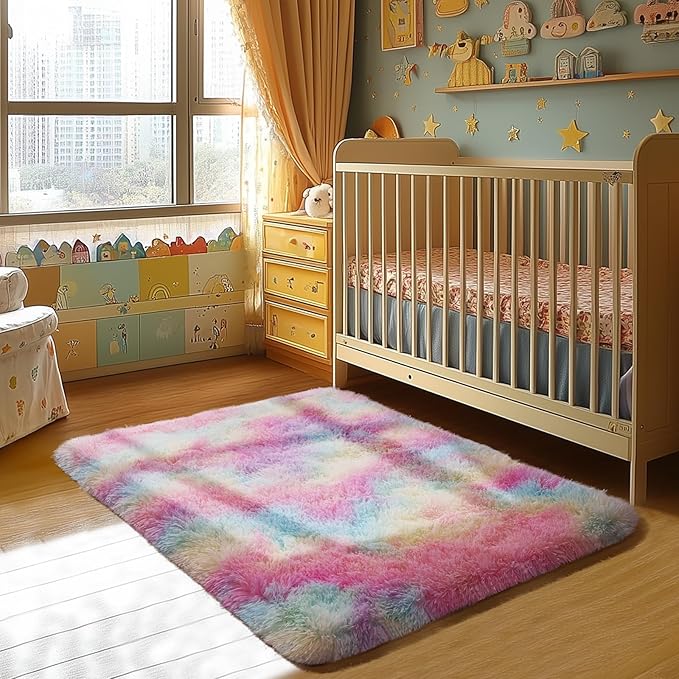 Zentavio Bedside Rugs Small 2x3 Shag Entry Entrance Rugs Soft Girls Bedroom Carpet Area Rugs for Dorm College Essentials Non-Slip Living Room Throw Rug Home Decor Aesthetic Nursery Rainbow