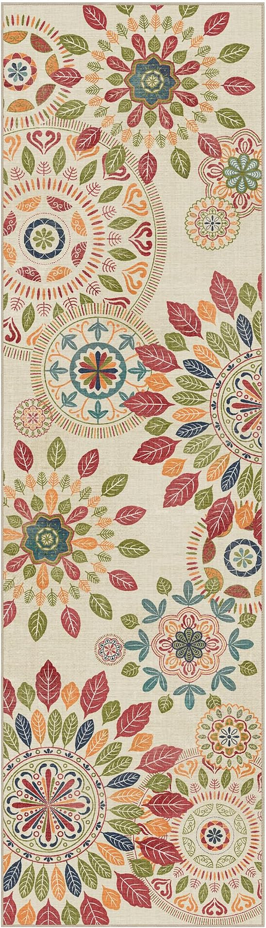 Bavni 2x7 Hallway Runner, Floral Washable Runner Rug, Ultra Thin Bathroom Rug Runner Non Slip Rubberback, Stain Resistant Rugs for Bedroom, Laundry Room, Beige Red