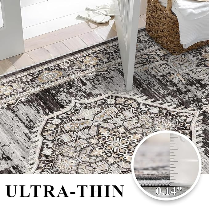 YOUFORTONG Area Rug 3x5 Washable Rugs: Soft Ultra Thin Low Pile Mat Machine Washable Indoor Doormat Lightweight Entry Rug Anti Slip Backing Rugs for Living Room Bedroom Kitchen 3'x5' Black