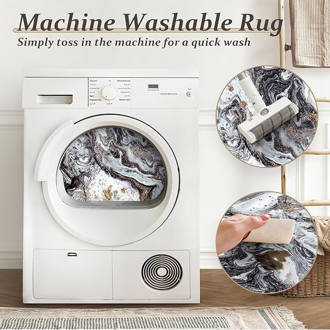 Washable Area Rug 9x12 - Artistic Style Modern Rug for Living Room Bedroom Dining Room, Soft Low Pile Machine Washable Carpet, Non Slip Non Shedding Area Rug - Black/Gold, 9'x12'