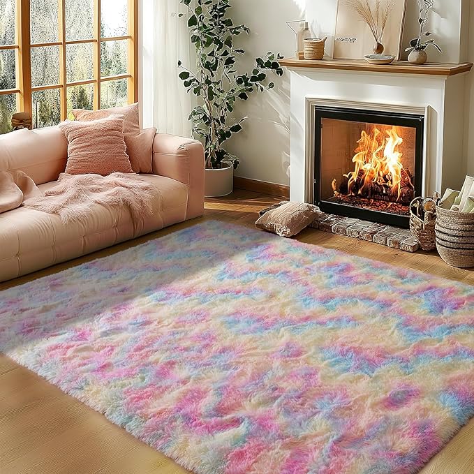 Zentavio Unicorn Rugs for Girls Room 5x8 Area Rugs for Living Room Carpet for Bedroom Washable Soft Fluffy Shag Aesthetic Plush High Pile Throw Rug for Nursery Kids Room Dorm Room Rainbow