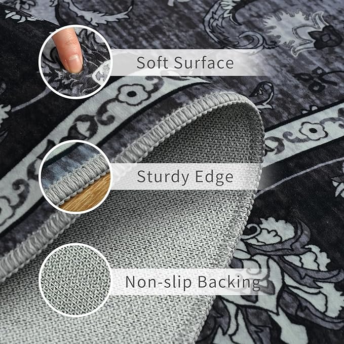 Vasofe 4x6 Area Rugs for Living Room, Machine Washable Low-Pile Carpet Rug for Bedroom, Vintage Floral Print Indoor Floor Rug for Dining Room Office Nursery Dorm Kids Room Bedside Decor, Black/Grey