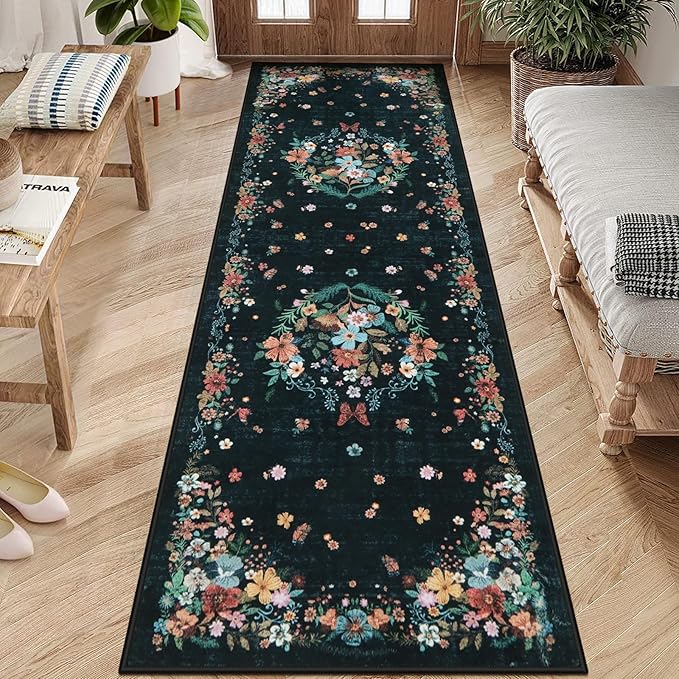 Black Runner Rug for Entryway Indoor, 2x6 Floral Washable Rug with Rubber Backing for Hallways, Bedroom, Kitchen, Laundry, Bedside