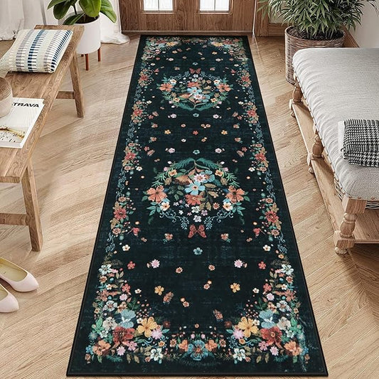 Black Runner Rug for Entryway Indoor, 2x6 Floral Washable Rug with Rubber Backing for Hallways, Bedroom, Kitchen, Laundry, Bedside
