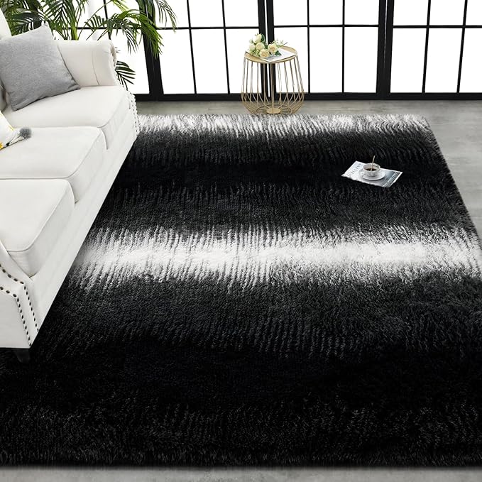 TWINNIS Super Soft Shaggy Rugs Fluffy Carpets, 4x5.9 Feet, Indoor Modern Plush Area Rugs for Living Room Bedroom Kids Room Nursery Home Decor, Upgrade Anti-Skid Rectangular Fuzzy Rug, Black White