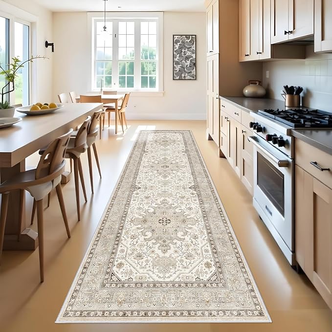 Runner Rug 3x10 - Non Slip Runners for Hallway Washable Oreiental Neutral Entryway Rugs with Rubber Backing Long Indoor Farmhouse Floor Mat Kitchen Soft Low Pile Stain Resitant Thin Carpet 3x10 Ivory