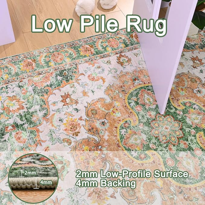 4x6 Area Rugs for Living Room, Foldable Machine Washable Rug, Soft Low Pile Non-Slip Vintage Floral Rug, Carpet for Bedroom, Dining Room, Bedside, Farmhouse, Office, Dorm (Green, 4'×6')
