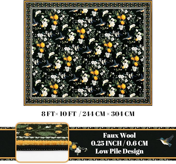 ASPMIZ Black Floral Area Rug 8x10 Vintage Large Rugs for Living Room Washable Lemon Throw Rugs Non Slip Foldable Soft Low Pile Hummingbird Floor Carpet for Bedroom Kitchen Dining Room Nursery Office