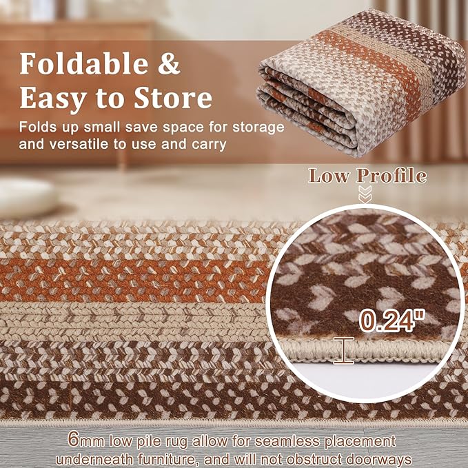 Imitation Braided Collection-Print Washable Area Rugs 2x8 Carpet Runner with Non-Slip Backing, Contemporary Bordered Hallway Rug, Farmhouse Low Pile Floor Cover for Kitchen, Laundry, Bedroom