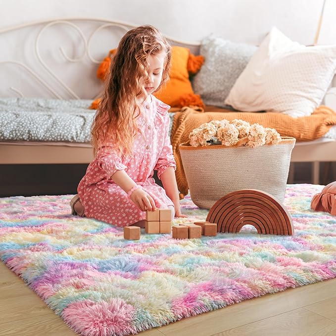 Tepook Soft Rainbow Rug for Girls Room, Cute Fluffy Bedroom Rug, 5x8 Feet Shaggy Princess Colorful Carpet for Kids Teens Toddler Playroom Nursery Reading Nook, Pink