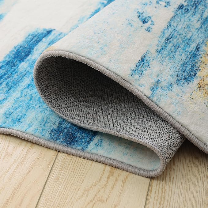 Carvapet Rugs for Living Room, Blue Modern Abstract Low Pile Large Carpet with Rubber Backing, Foldable, Non Slip Machine Washable (12 x 9 Feet Rectangular, Sky Blue Area Rug)