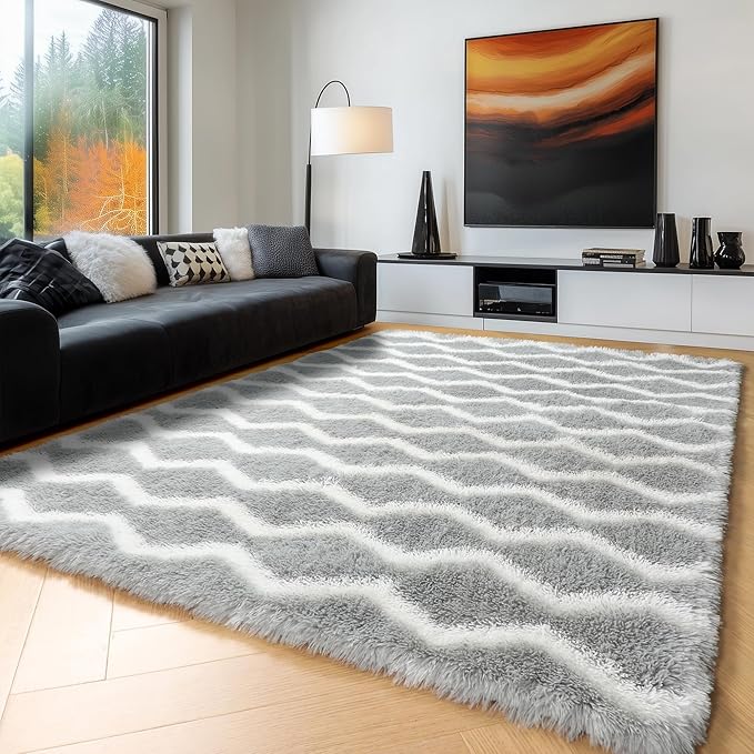 RUGTUDER 4x6 Area Rugs for Living Room, Fluffy Fuzzy Washable Striped Rugs Shaggy Rug for Bedroom, Soft Plush Furry Rug Floor Carpet for Kids Room Nursery Classroom Dorm Office Decor, Grey and White