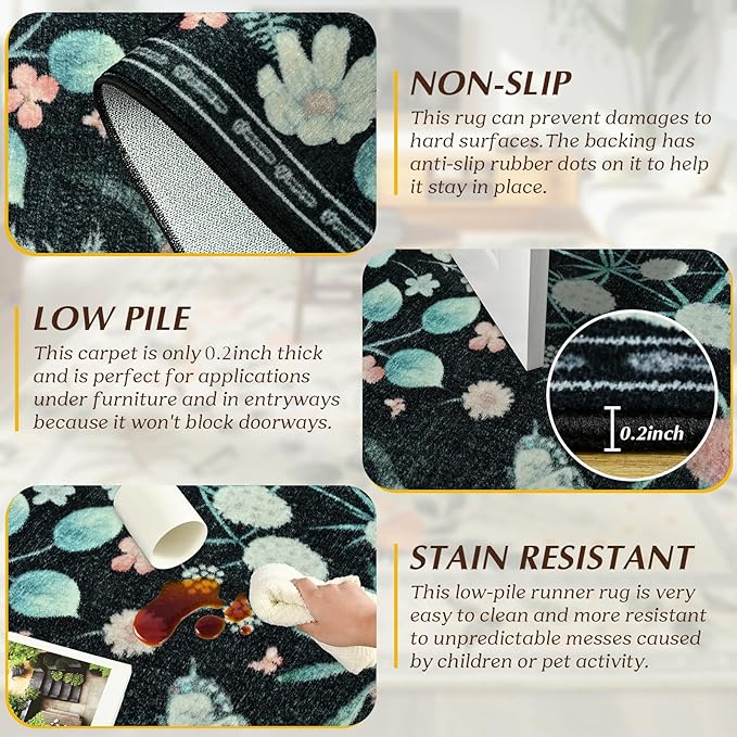 Area Rugs for Living Room, 6x9 Washable Non-Slip Rug for Bedroom, Vintage Floral Carpet for Home Office Nursery Dining Room Kitchen, Black