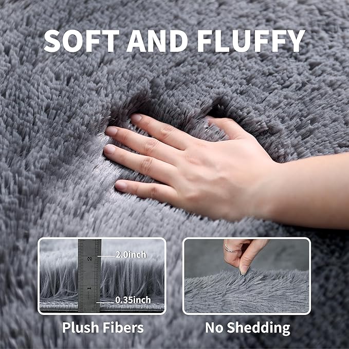 4x6 Grey Fluffy Shag Rug for Bedroom, Soft Plush Fuzzy Washable Non Slip Carpet for Living Room, Gray Modern Floor Cozy Furry Shaggy Throw Area Rugs for Kids Boys Baby Nursery Dorm Room