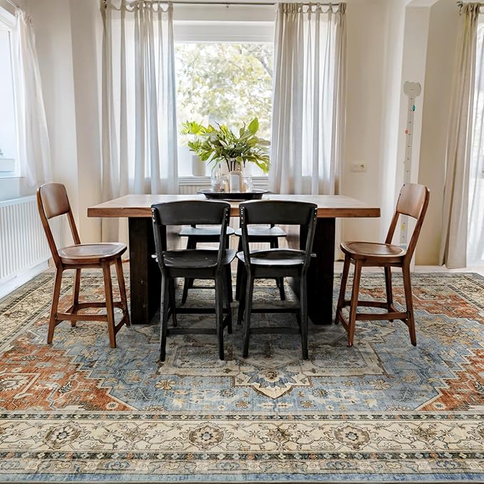 Area Rugs for Living Room 9x12 - Large Machine Washable Vintage Oriental Soft Rug, Low Pile Thin Carpet with Non Slip Backing for Bedroom, Dorm, Under Dining Room Table, Indoor House, Office Decor