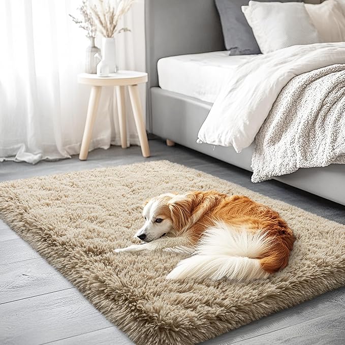 2x3 Area Rug for Bedroom, Small Rugs for Living Room Nursery Kids Room Dorm Home Decor Aesthetic, Fluffy Shaggy Rug with 4 Anti-Slip Carpet Tapes, Light Tan