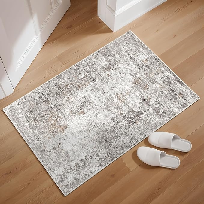 2x3 Washable Non-Slip Area Rug - Soft Low Pile Throw Rug for Kitchen Entryway Bedroom - Modern Indoor Door Mat with Rubber Backing,Beige/Grey