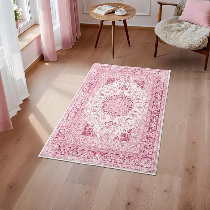 2x3 Bright Pink Area Rug for Entryway, Small Washable Rugs with Non-Slip Backing for Girls Bedroom, Cute Vintage Throw Carpet Kitchen Laundry Front Door Decor