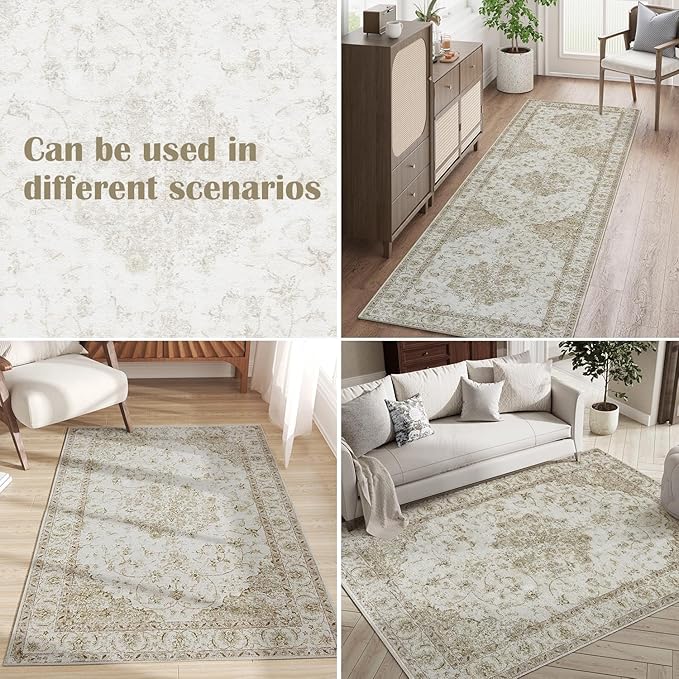 jinchan Kitchen Runner Rug 3x10 Vintage Floral Machine Washable Non-Slip Hallway Rug with Rubber Backing Ultra-Thin Carpet Runner for Bedroom Laundry Room Living Room (3x10ft,Taupe)