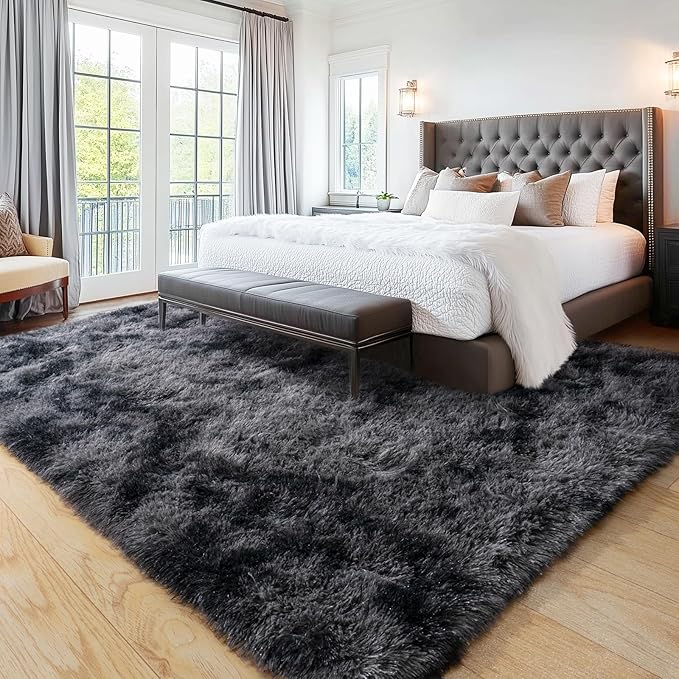 Large Area Rugs for Living Room, 9x12 Feet Tie-Dyed Black Grey Shaggy Fluffy Throw Carpets, Ultra Soft Plush Modern Indoor Fuzzy Rugs for Bedroom Kids Room Nursery Dorm Home Decor