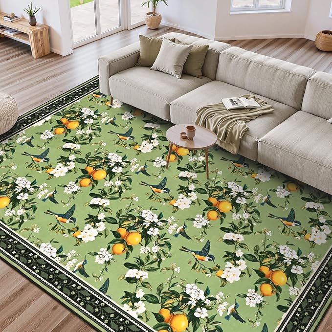 ASPMIZ Green Floral Area Rug 5x7 Rug for Living Room Vintage Washable Rugs for Bedroom Non Slip Soft Low Pile Lemon Throw Rugs for Dining Room Nursery Kitchen Entryway Laundry Office (Sage Green)