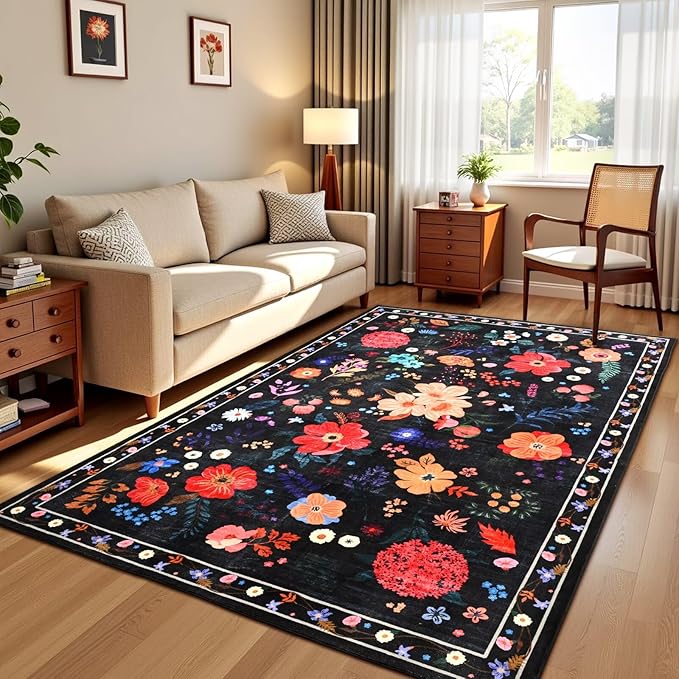 5x7 Black Floral Rug for Girls Bedroom, Machine Washable Area Rugs with Non Slip Backingfor Living Room, Cute Flowers Carpet Kitchen Dining Room Kids Playroom Decor