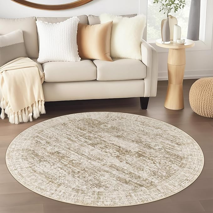 4x4 Brown Round Rug 4ft Entryway Rug Vintage Round Area Rug Non-Slip Indoor Carpet for Living Room Dining Room Bedroom