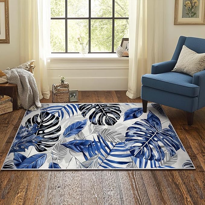 3x5 Entryway Rug Botanical Tropical Leaf Navy Blue Grey Area Rug Bedroom Bedside Thin Small Carpet Bathroom Non Slip Indoor Entrance Low Pile Door Mat Kitchen Stain Resistant Washable Machine