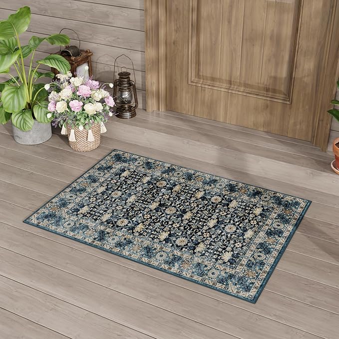 Dripex 2x3 Area Rugs, Machine Washable Non Slip Boho Rugs,Distressed Small Entryway Rug Doormat, No Pile Lightweight Vintage Rug, Floor Carpet for Front Entrance Kitchen Bathroom,Navy Blue and Multi