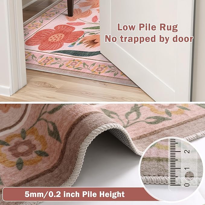 Beeiva Floral Washable Rugs for Living Room, Soft 5x7 Area Rugs Boho Non Slip for Bedroom, Ultra-Thin Low Pile Floor Carpet for Nursery Beige Rug Girl (Beige,5'x7')