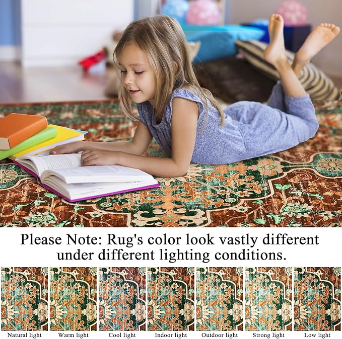 U'Artlines Boho Vintage Area Rug 5x7 Machine Washable Low Pile Ultra-Thin Soft Floor Carpet Non Slip Non Shedding Accent Rug for Living Room Bedroom Entryway Dining Room Office(Rust＆Teal)