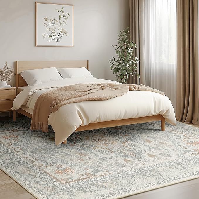 BESTSWEETIE 8x10 Area Rugs for Living Room Washable Non Slip Carpet Low Pile Soft Vintage Print Pattern Rug for Bedroom Dining Room Kitchen Entryway Indoor-Light Taupe/Brown