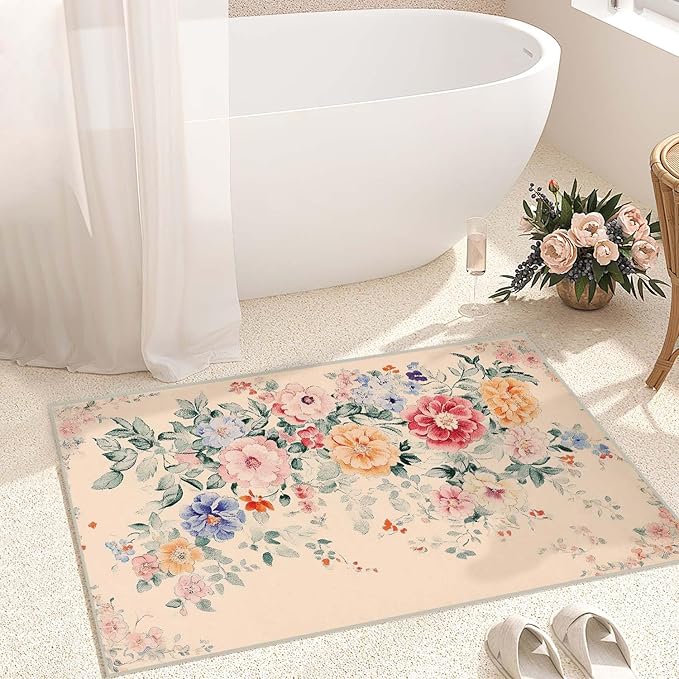 2x3 Entryway Rugs Machine Washable Area Rug Pink Blue Red Yellow Floral Boho Botanical Leaf Flower Rug Non-Slip Low Pile Door Mat Entrance Small Carpet for Home Kitchen Bathroom Bedroom