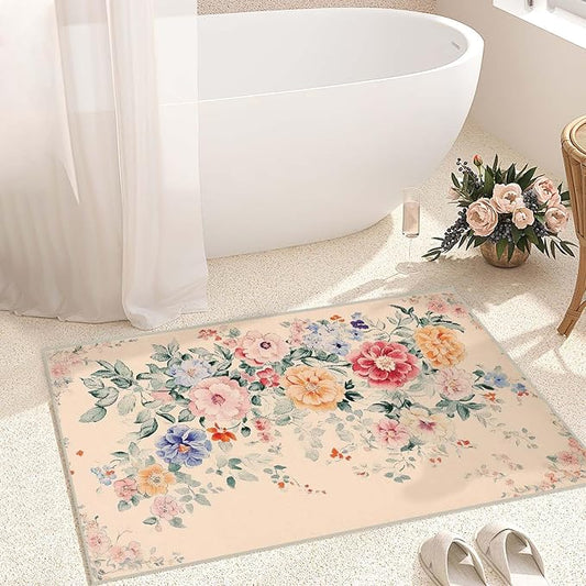 2x3 Entryway Rugs Machine Washable Area Rug Pink Blue Red Yellow Floral Boho Botanical Leaf Flower Rug Non-Slip Low Pile Door Mat Entrance Small Carpet for Home Kitchen Bathroom Bedroom