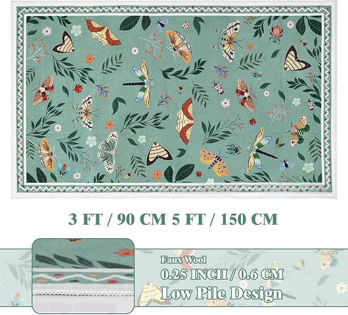ASPMIZ Insect Area Rug 3X5, Green Bedroom Rug Non Slip, Spring Summer Washable Rug Farmhouse Butterfly Living Room Rugs Low Pile, Soft Faux Wool Throw Carpet for Entryway, Office, Nursery, Green