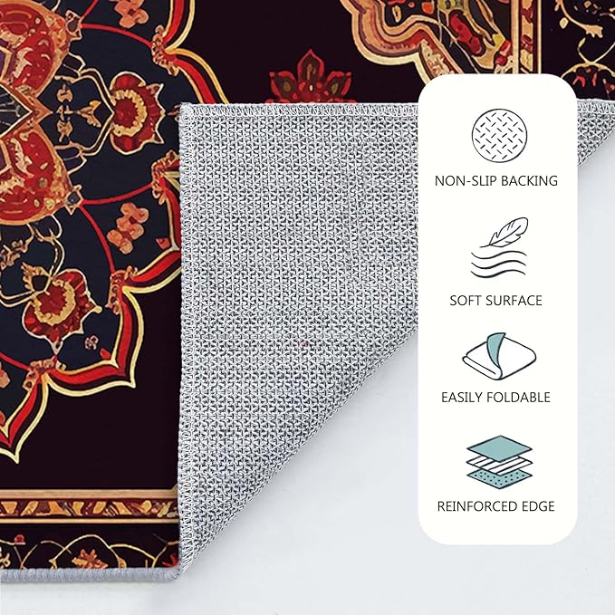 2x3 Entryway Rug Boho Black Red Vintage Oriental Area Rug Ultra-Thin Soft Small Carpet Bathroom Non Slip Indoor Entrance Low Pile Door Mat Kitchen Stain Resistant Washable Machine