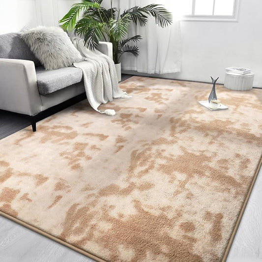 FlyDOIT Large Area Rugs for Living Room Bedroom, 5x8 Ft Tie-Dyed Beige Ultra Soft Comfy Thickened Memory-Foam Indoor Carpets, Cozy Modern Floor Rug for Boys Girls Playroom Dorm Nursery Home Décor