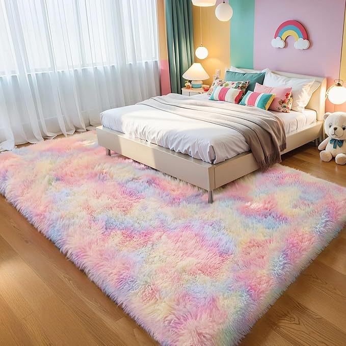 Thick Area Rug 4x6 Fluffy Shag - Rainbow Unicorn Carpet for Girls Bedroom, Soft Plush Fuzzy Pastel, Thickened Washable Non-Slip Shaggy Rug for Kids, Nursery, Living Room, Baby, Dorm