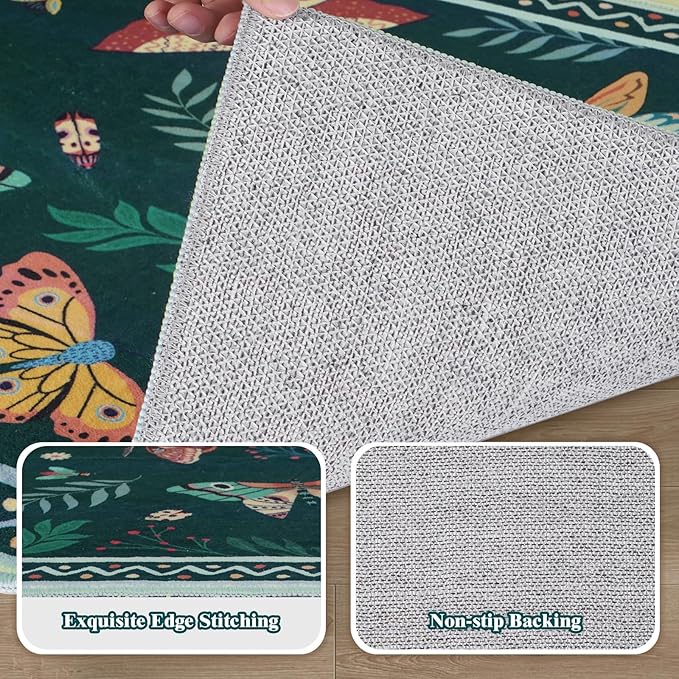 ASPMIZ Insect Area Rug 3X5, Dark Green Bedroom Rug Non Slip, Spring Summer Washable Rug Farmhouse Butterfly Living Room Rugs Low Pile, Soft Faux Wool Throw Carpet for Entryway, Nursery, Dark Green