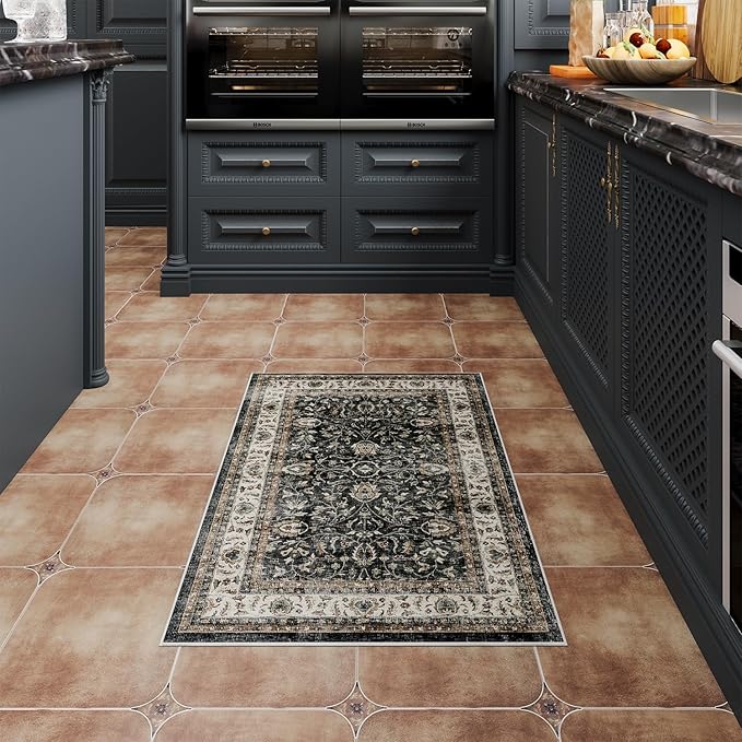 Dripex 2x3 Area Rugs, Machine Washable Non Slip Boho Rugs,Distressed Small Entryway Rug Doormat, No Pile Lightweight Vintage Rug, Floor Carpet for Front Entrance Kitchen Bathroom,Blue and Brown