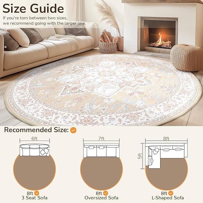 BESTSWEETIE 8ft Area Rugs for Living Room Washable Non Slip Carpet Low Pile Soft Vintage Print Pattern Rug for Bedroom Dining Room Kitchen Entryway Indoor-Cream/Light Yellow/Brown/Blue/Red/Pink