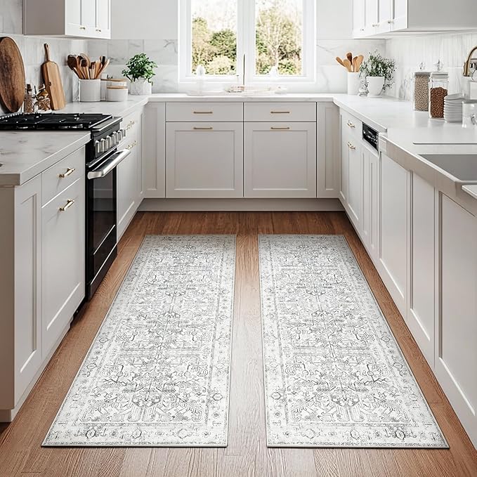 jinchan Kitchen Runner Rug 2x5-2pcs,Vintage Hallway Rug Washable Floral Non Slip with Rubber Backing Soft Carpet Runner for Bedroom Laundry Room Living Room Grey