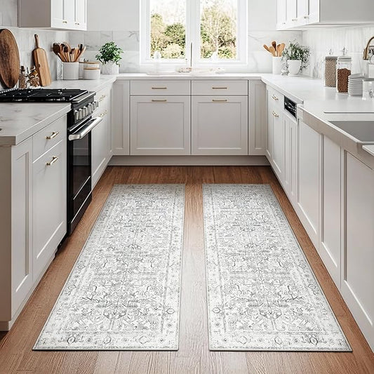 jinchan Kitchen Runner Rug 2x5-2pcs,Vintage Hallway Rug Washable Floral Non Slip with Rubber Backing Soft Carpet Runner for Bedroom Laundry Room Living Room Grey